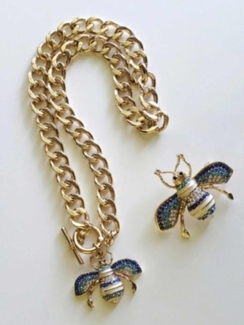 Curb Link Necklace with Bumble Bee Pendant and Matching Brooch